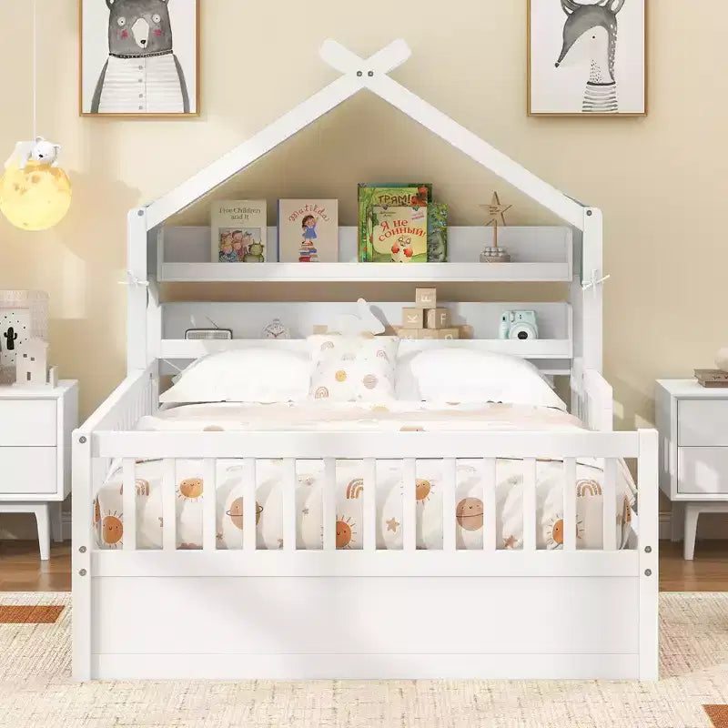 Letto a Capanna ModernLuxe per Bambini, Misura Singola/Piazza e Mezza, in Legno con Testiera Contenitore, Struttura in Pino Massiccio con Sponde di Protezione