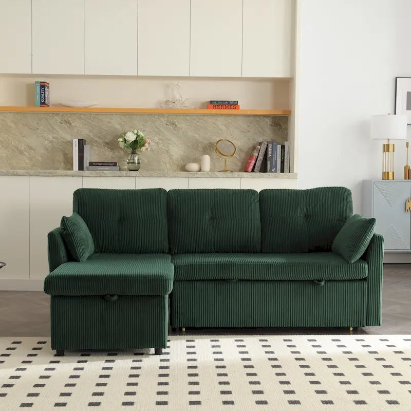 Divano Sezionale a L con Chaise Reversibile, Rivestimento in Velluto a Coste/Ciniglia, con Bracciolo Portaoggetti e Tasca Laterale