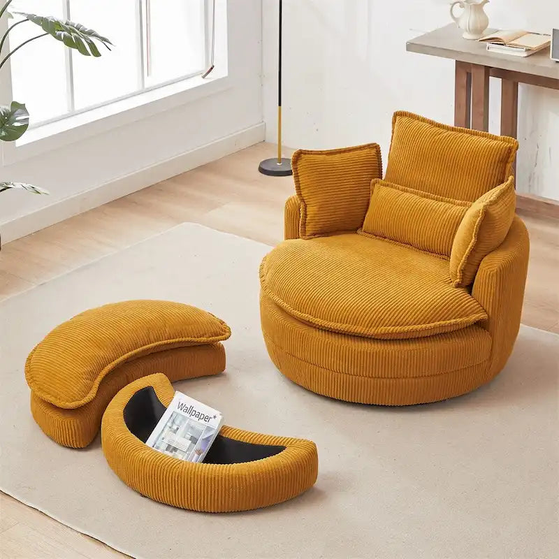 Poltrona girevole oversize con pouf contenitore Moon con 4 cuscini