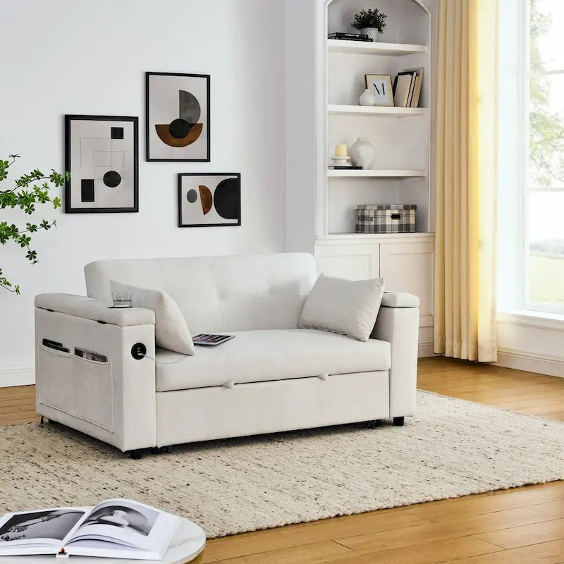 Divano Letto Estraibile 54", Divano Reclinabile 2 Posti con Contenitore, Cuscino Lombare, Presa USB