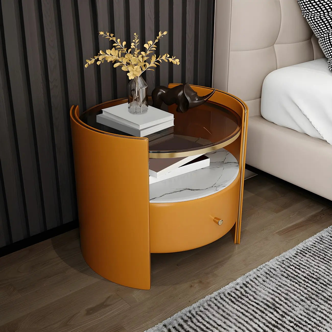 Comodino di Lusso con Piano in Vetro, Cassetto Contenitore e Vano Aperto
