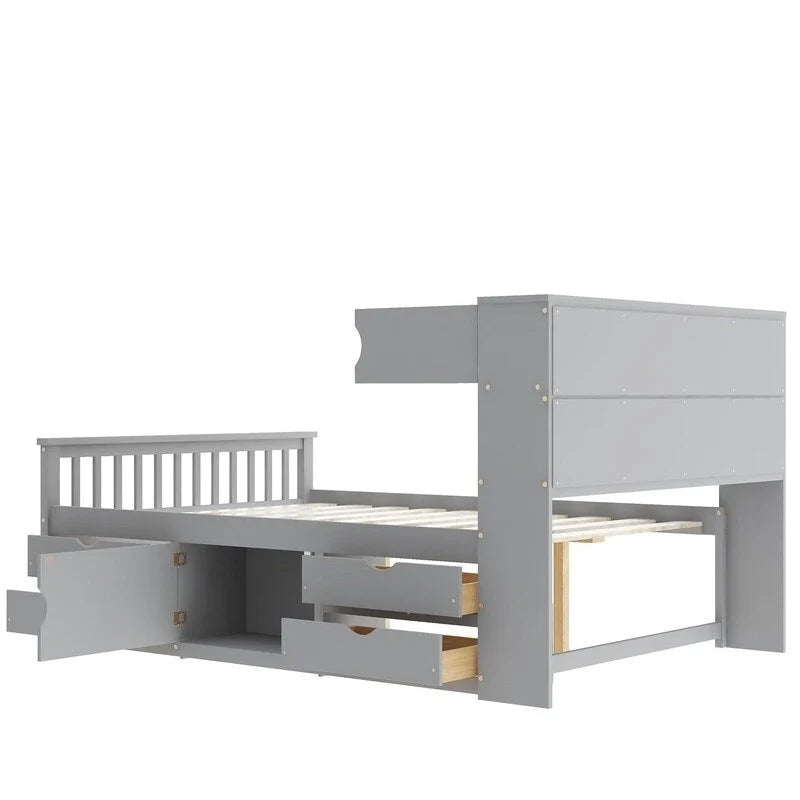 Letto a piattaforma Twin/Full Size Captain con 4 cassetti e mensole portaoggetti, struttura letto in legno massello con testiera libreria contenitore
