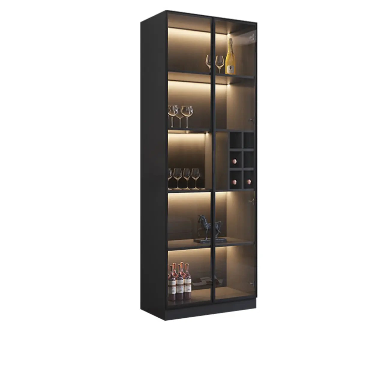 Mobile portabottiglie minimalista in legno nero con anta in vetro