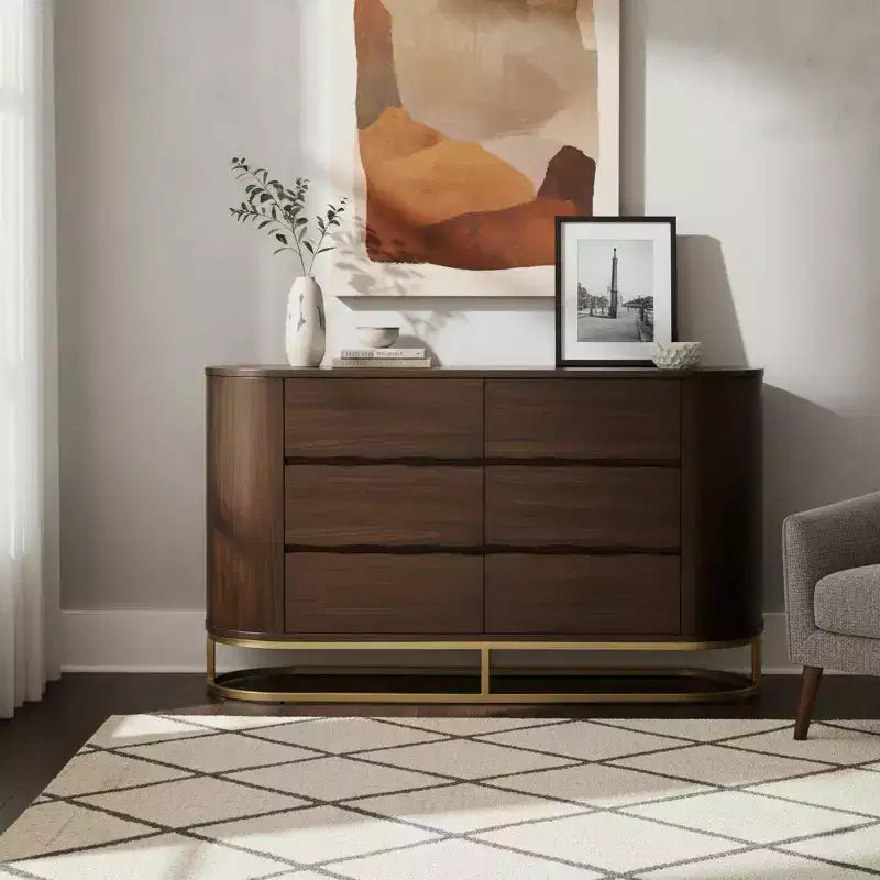 Comò moderno a 6 cassetti con design a bordo vivo, base in metallo e costruzione durevole in legno misto