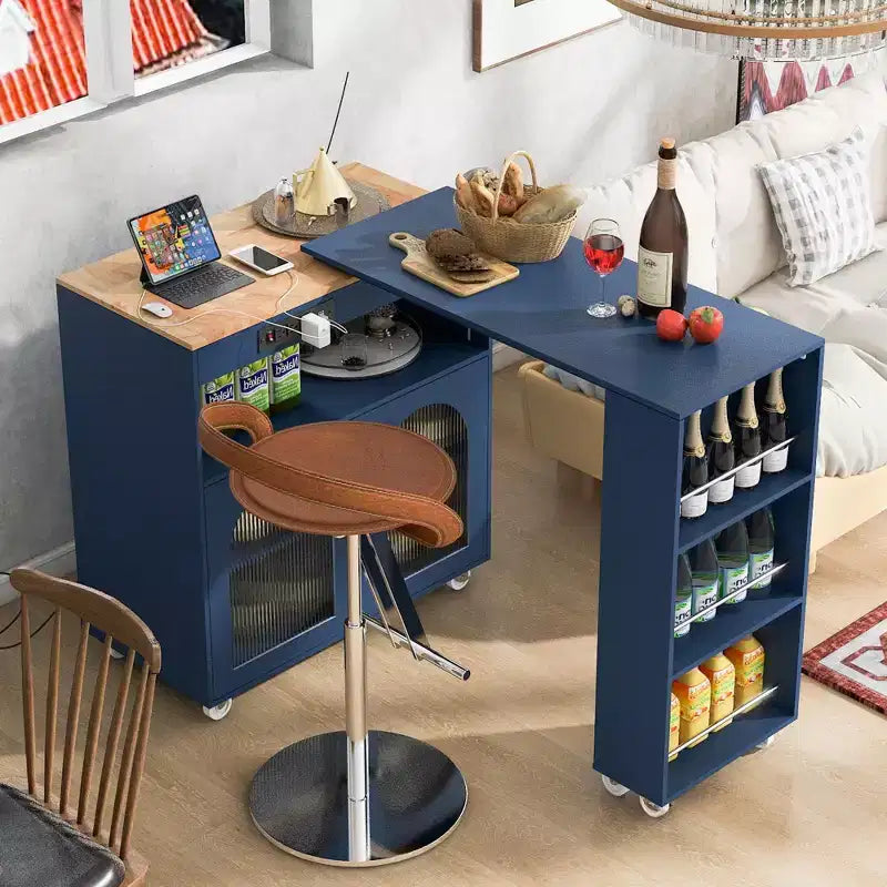 Isola da Cucina con Ruote e 2 Ante in Vetro, Carrello da Cucina con Tavolo Estensibile e Prese di Corrente, Isola da Cucina con Ripiani Laterali Aperti