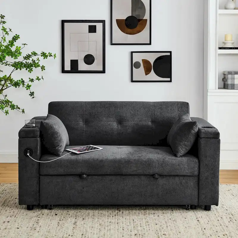 Canapé-lit gigogne 54 po, canapé-lit inclinable 2 places avec rangement, oreiller lombaire, prise USB