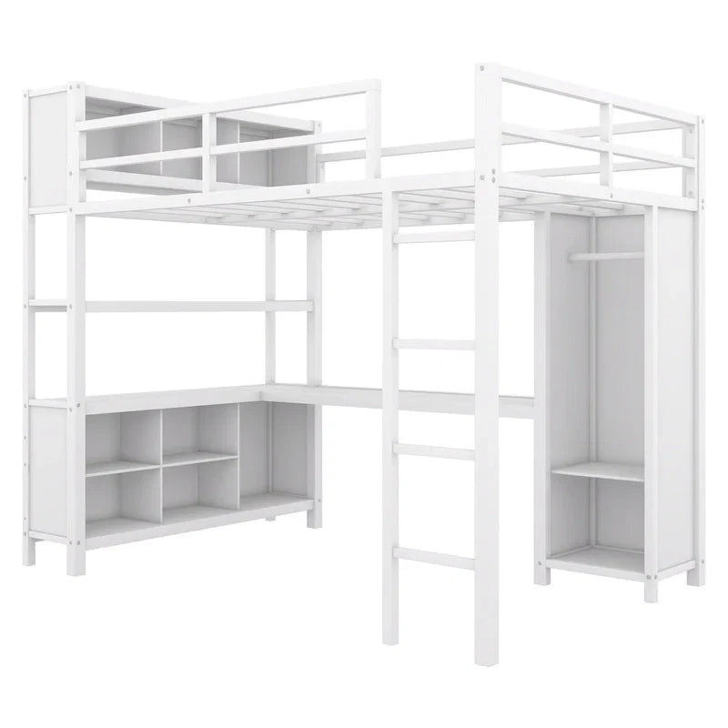 Letto a soppalco in metallo Off-White con scrivania e armadio - Matrimoniale