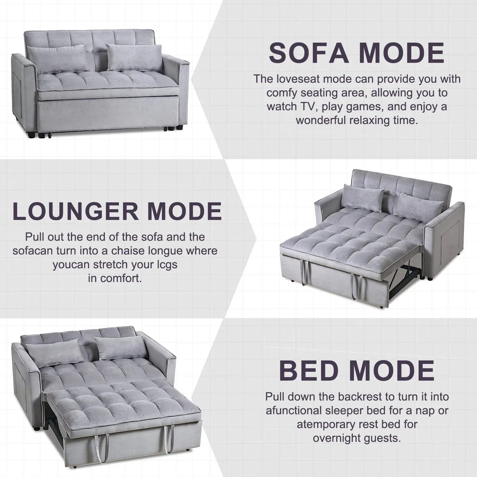 Moderno divano letto estraibile, divano letto 3-in-1 con schienale regolabile, divanetto in velluto, cuscini e tasche laterali