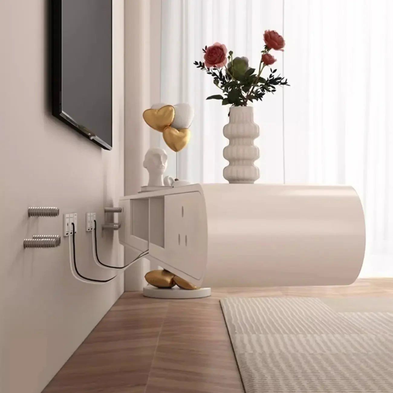 Mobile TV Sospeso in Legno Bianco con Spazio per Riporre Oggetti per Soggiorno