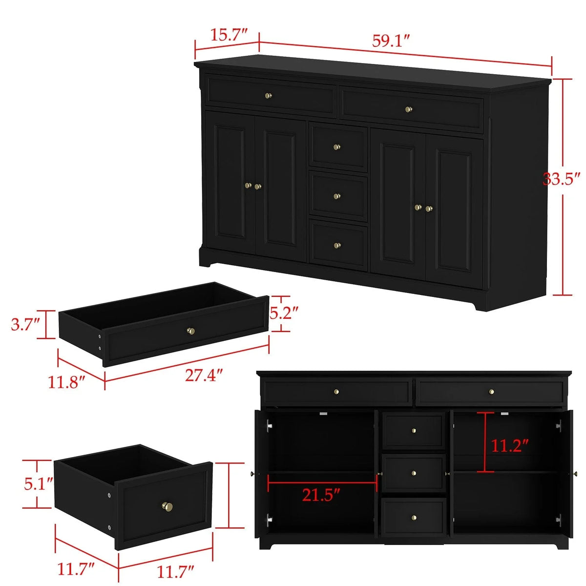 59.1'' Credenza Buffet Bianco Laccato Moderno Metà Secolo Contemporaneo