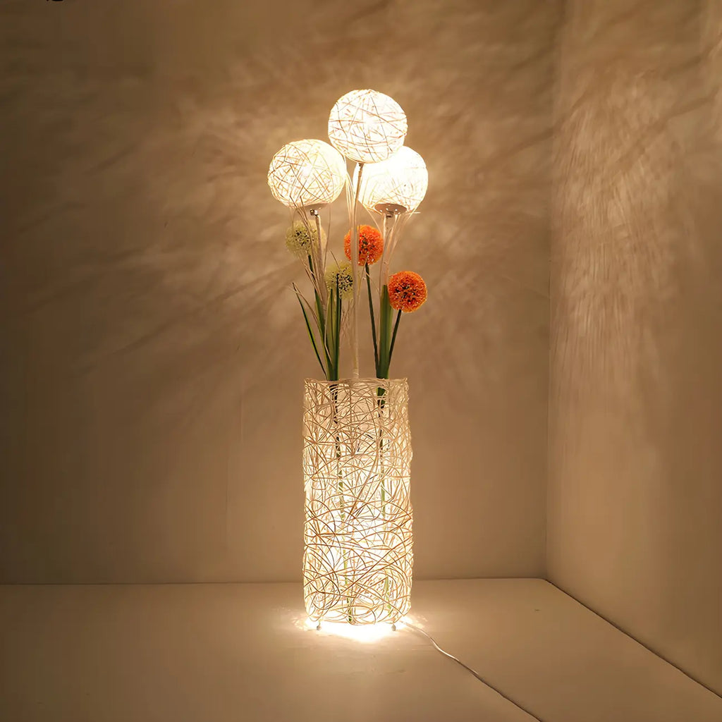 Lampada da terra in rattan LED a colonna con spina per soggiorno
