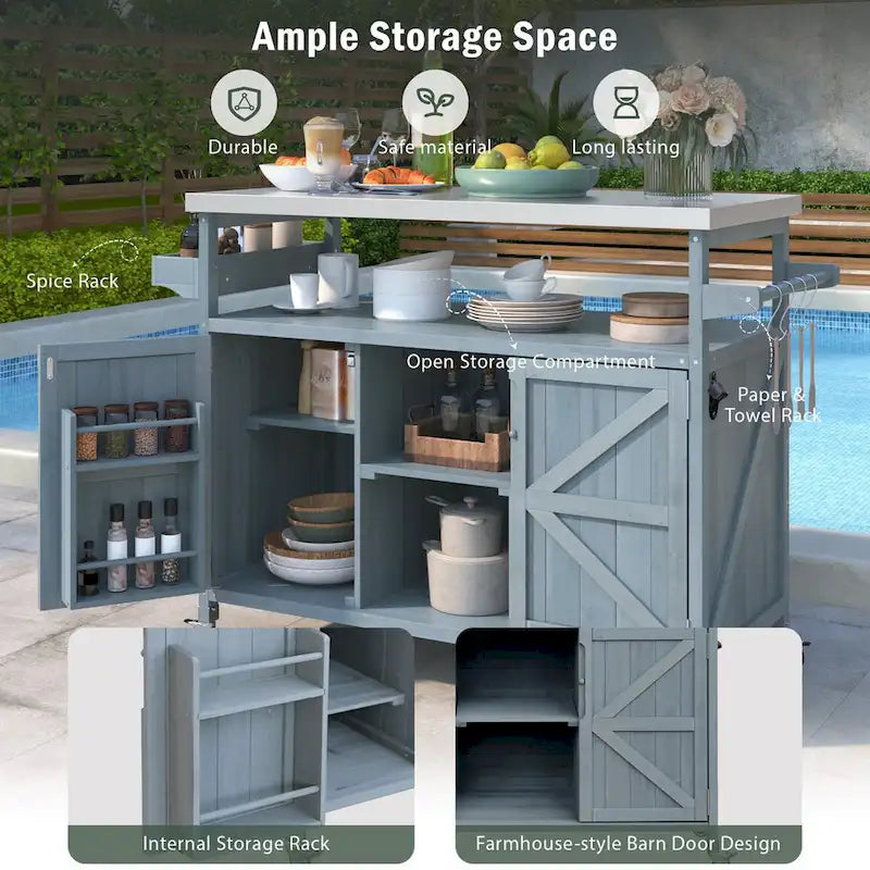 Isola Cucina da Esterno, Carrello Bar con Ruote e Mobile Contenitore, Tavolo per Barbecue in Legno Massello con Piano in Acciaio Inox, Porta Spezie, Porta Asciugamani