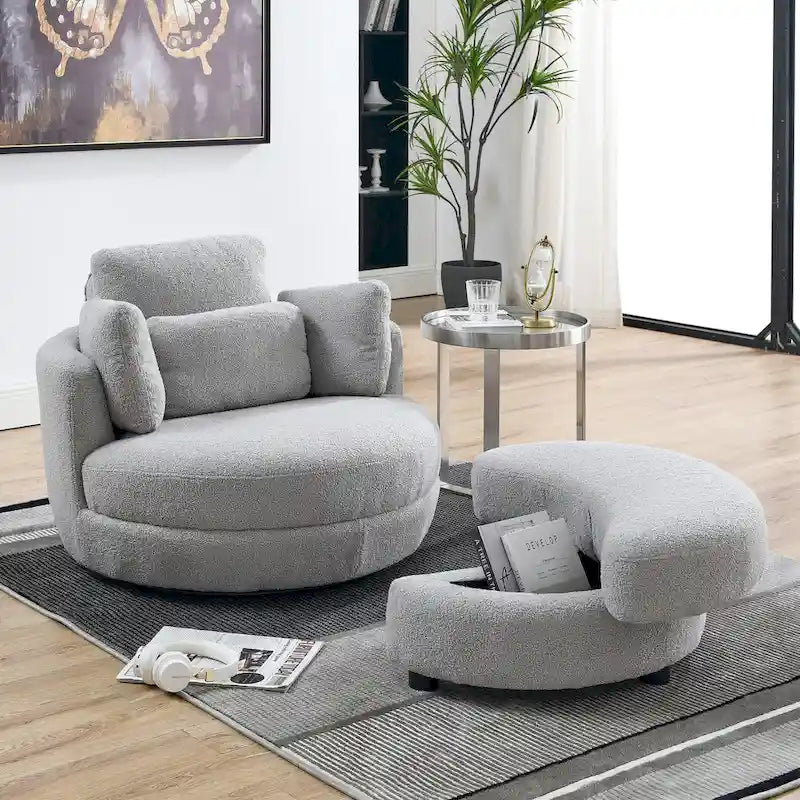 Poltrona a botte girevole di grandi dimensioni con pouf contenitore a forma di luna