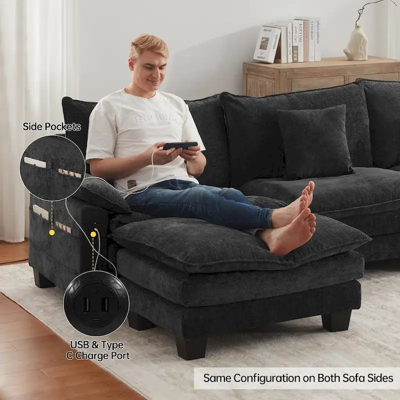 Divano Sezionale Modulare, Comodo Divano Sezionale Cloud con Pouf, Divano Letto a Seduta Profonda per Soggiorno