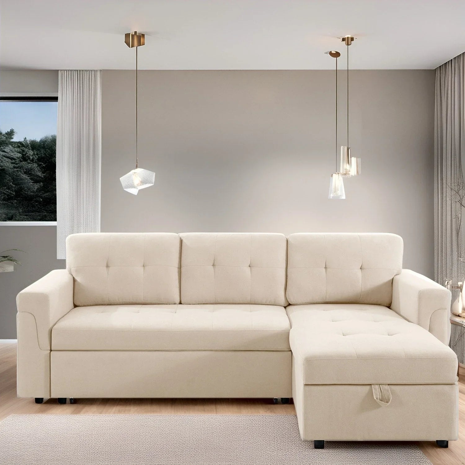 Divano componibile convertibile reversibile con letto estraibile, chaise longue con contenitore nascosto e gambe durevoli