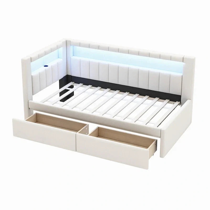 Letto imbottito a piattaforma con porte USB e illuminazione a LED - Struttura letto matrimoniale/singola con 2 cassetti portaoggetti - Camera da letto moderna