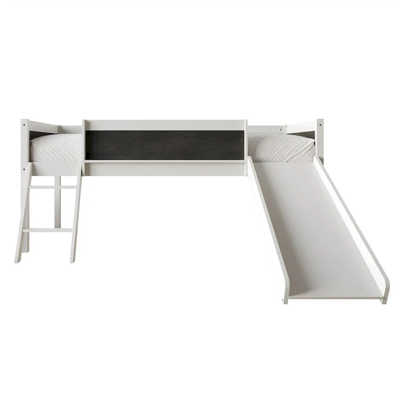 Letto a soppalco basso classico singolo CraftPorch con lavagna, scivolo e scaletta