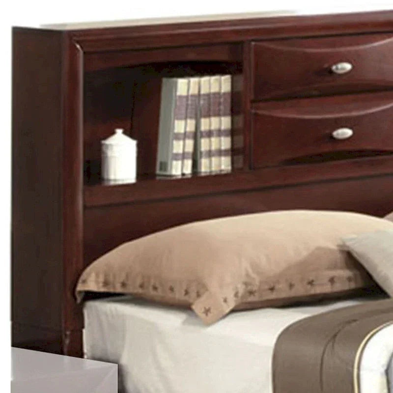 Letto a pannelli queen size con libreria e cassetti, marrone