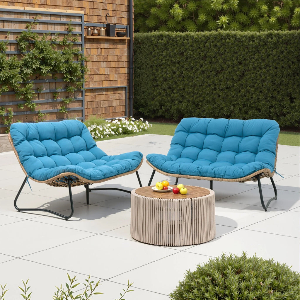 Divanetto due posti Double Papasan con cuscino, in rattan PE per tutte le stagioni e struttura in metallo per interni ed esterni