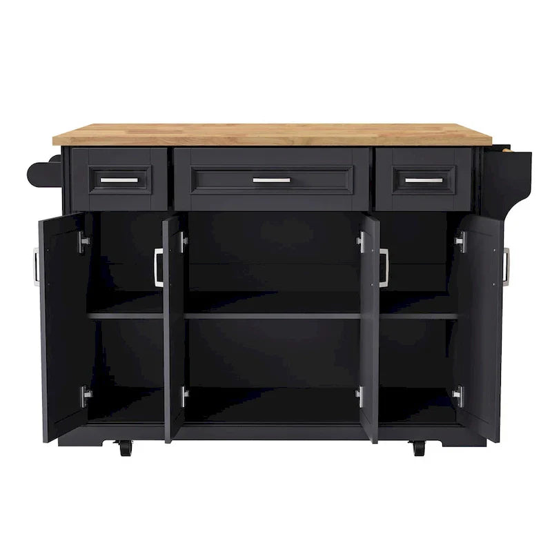 54 - Grande isola cucina con anta a ribalta in legno di gomma, carrello da cucina scorrevole con texture in rilievo su 4 ruote con 4 ante e 3 cassetti