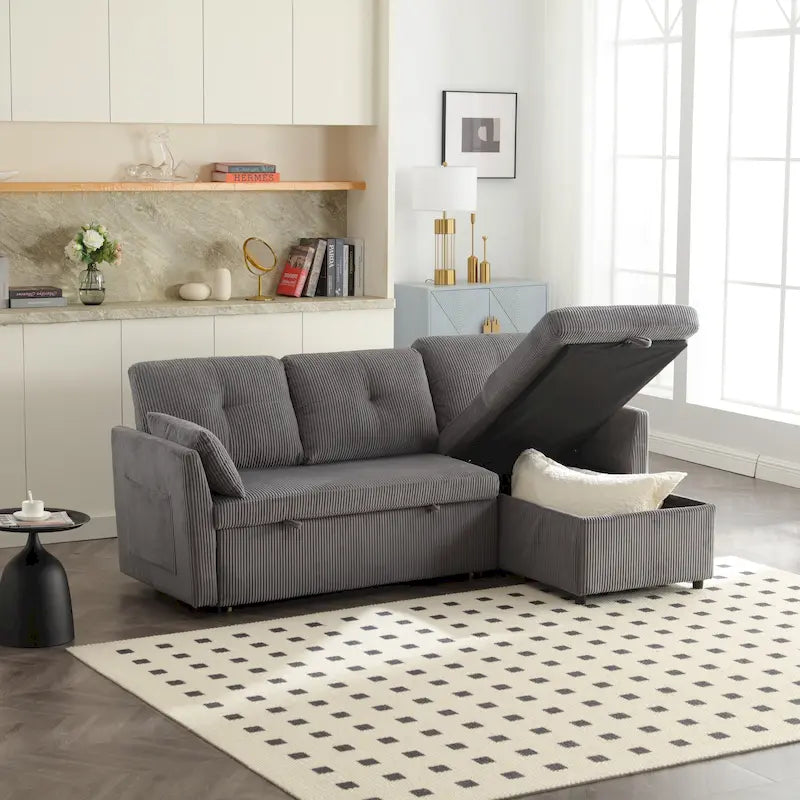 Canapé d'angle réversible en velours côtelé/chenille avec chaise longue de rangement et poche latérale
