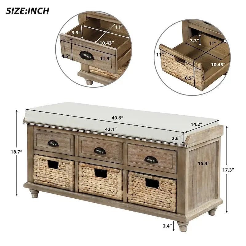 Panca rustica contenitore con 3 cassetti e 3 cesti in rattan, panca portascarpe per soggiorno, ingresso