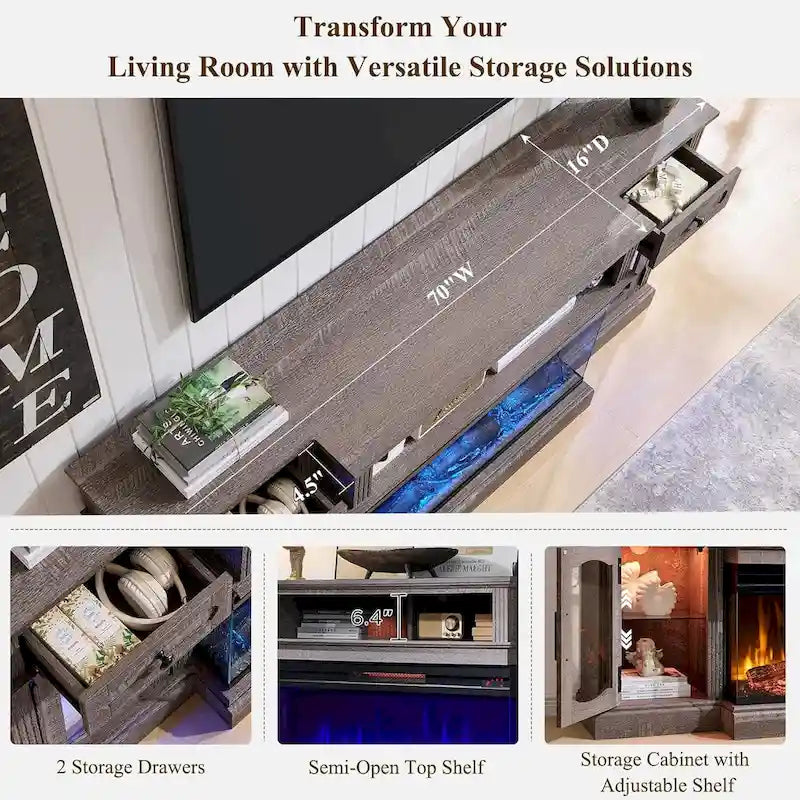 Mobile TV in stile rustico con caminetto elettrico, fino a 80 pollici, mobile multimediale