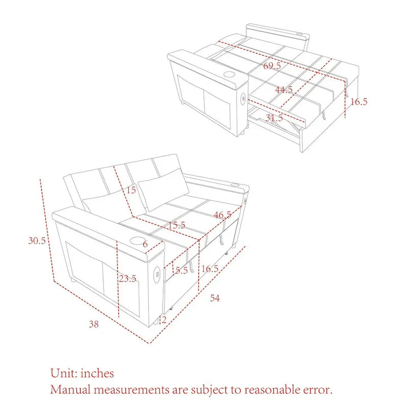 Divano Letto Estraibile 54", Divano Reclinabile 2 Posti con Contenitore, Cuscino Lombare, Presa USB