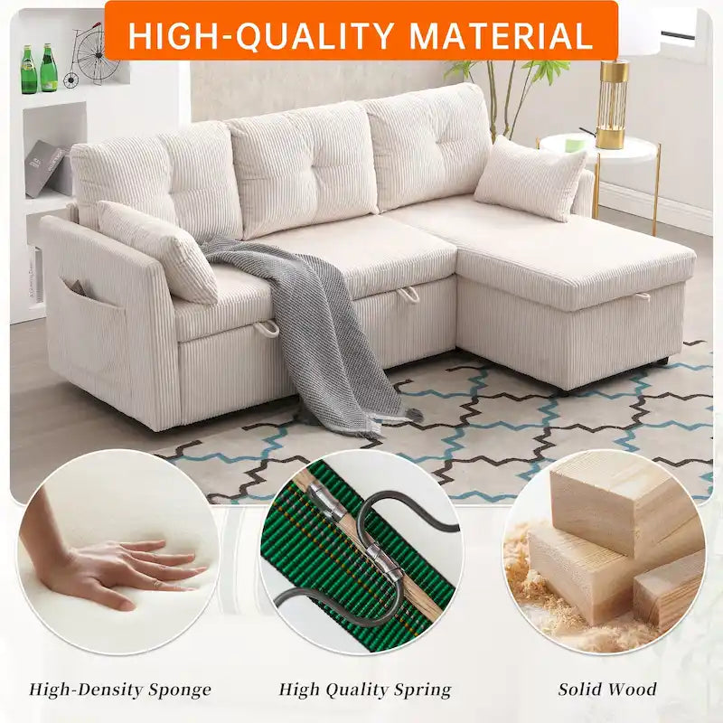 Divano Sezionale a L con Chaise Reversibile, Rivestimento in Velluto a Coste/Ciniglia, con Bracciolo Portaoggetti e Tasca Laterale