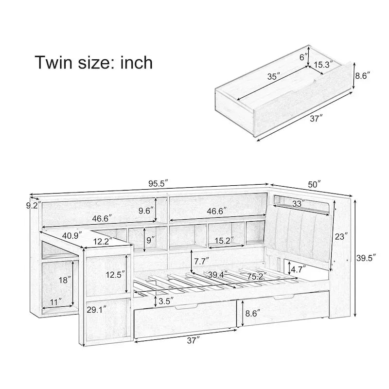 Divano Letto a "L" in Legno con Scrivania, Mobile Libreria, Letto Angolare con Cassetti Sottostanti, Testiera Imbottita con Luce Integrata