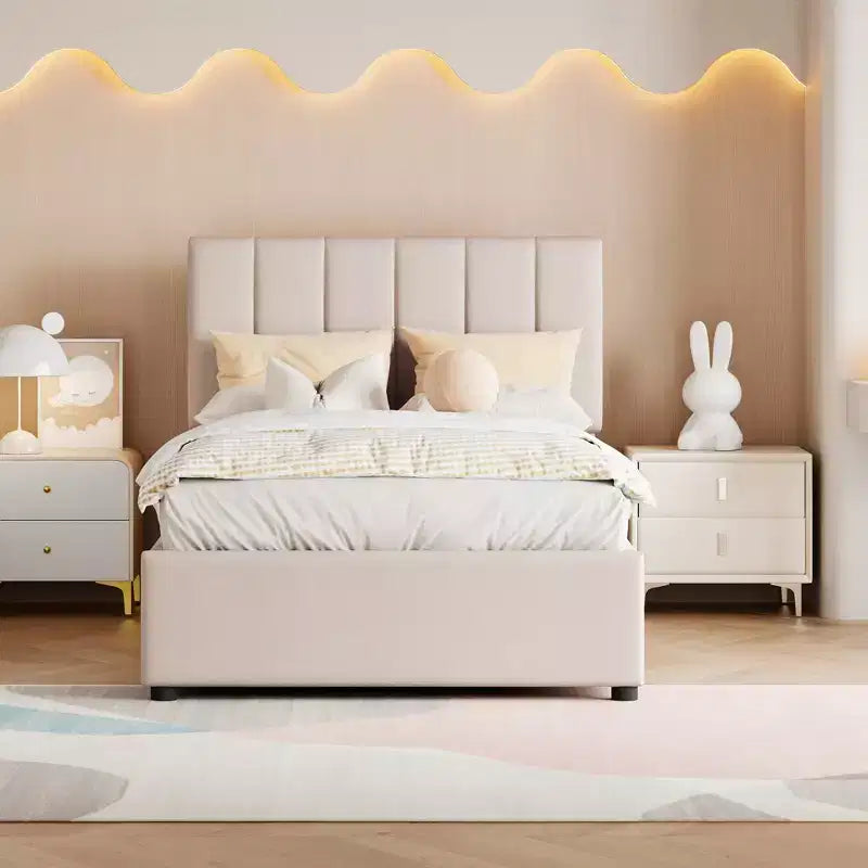 Bellemave Letto Matrimoniale Singolo con Contenitore a Sollevamento, Letto a Piattaforma Imbottito con Sistema di Contenitore Idraulico, Testiera a Strisce Verticali, Beige