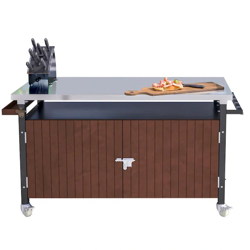 Carrello per Barbecue da Esterno con Piano in Acciaio Inox (sgabello non incluso)