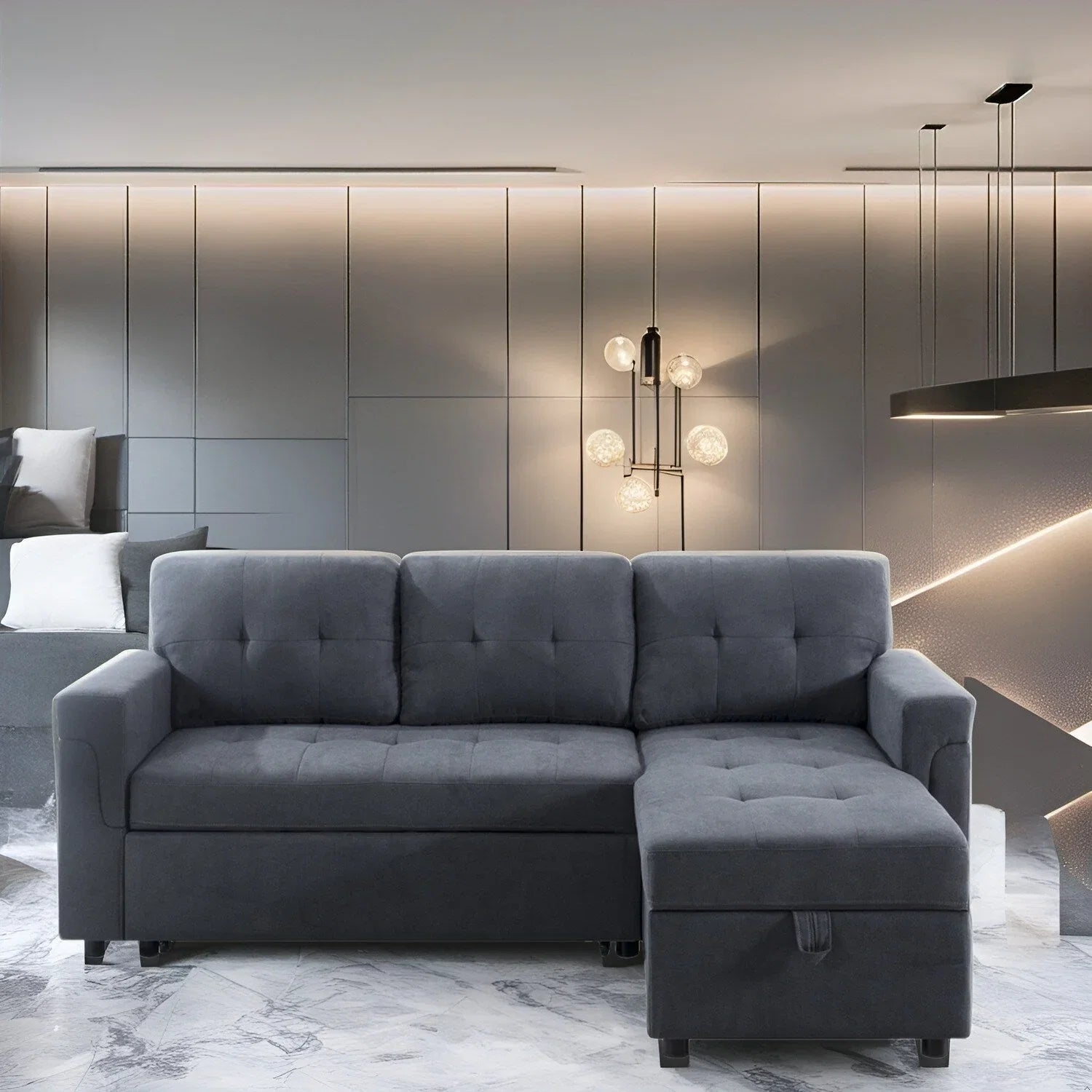 Divano sezionale reversibile con letto estraibile, chaise longue con contenitore nascosto, gambe durevoli,