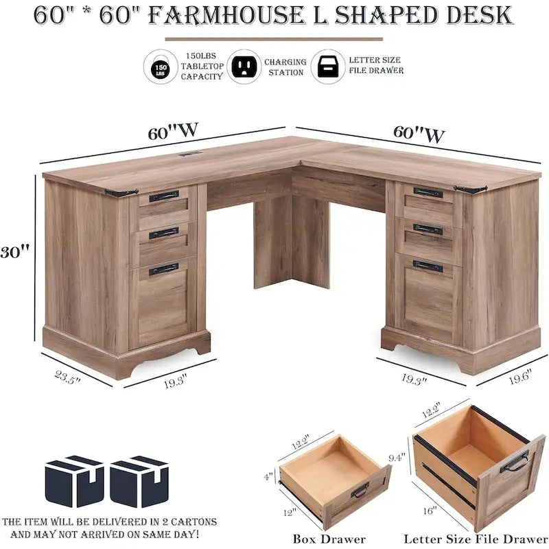 60 Scrivania Direzionale a L da Fattoria, Scrivania ad Angolo in Legno, Scrivania per Computer