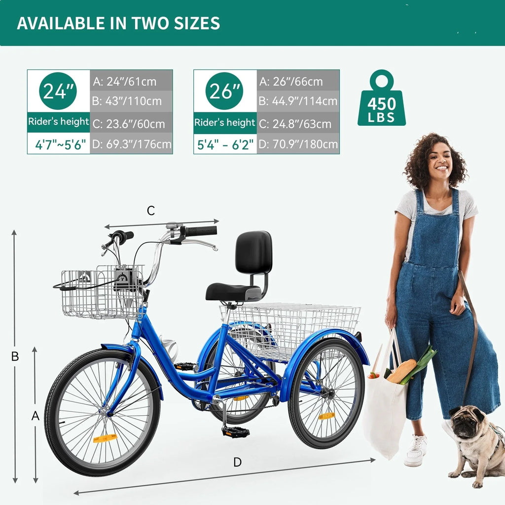 26 Triciclo per adulti Bici a 3 ruote Triciclo a 7 velocità
