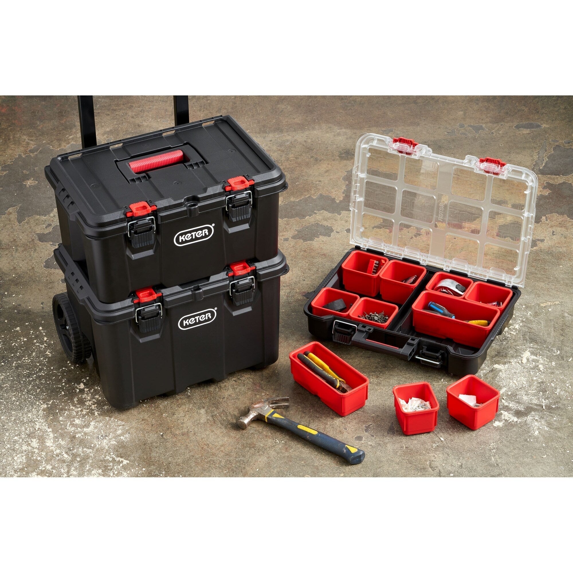 Keter Stack-n-Roll Set 3 pezzi per il trasporto e l'organizzazione degli utensili, sistema di valigette modulare in resina resistente