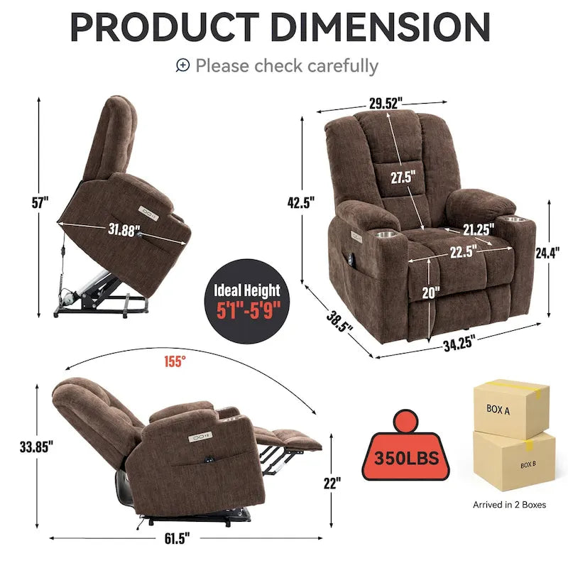 Poltrona Reclinabile Power Lift con Massaggio e Calore, Poltrone Reclinabili Larghe Imbottite Lazy Boy con USB, Porte Type C e 2 Portabicchieri in Acciaio