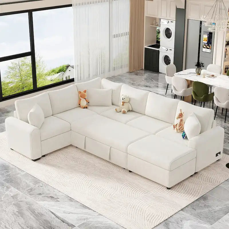 Divano sezionale in ciniglia con letto estraibile, divano letto a L con pouf contenitore, 3 cuscini e dispositivi di ricarica