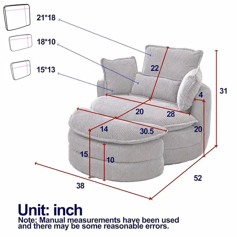 Poltrona girevole oversize con pouf contenitore Moon con 4 cuscini