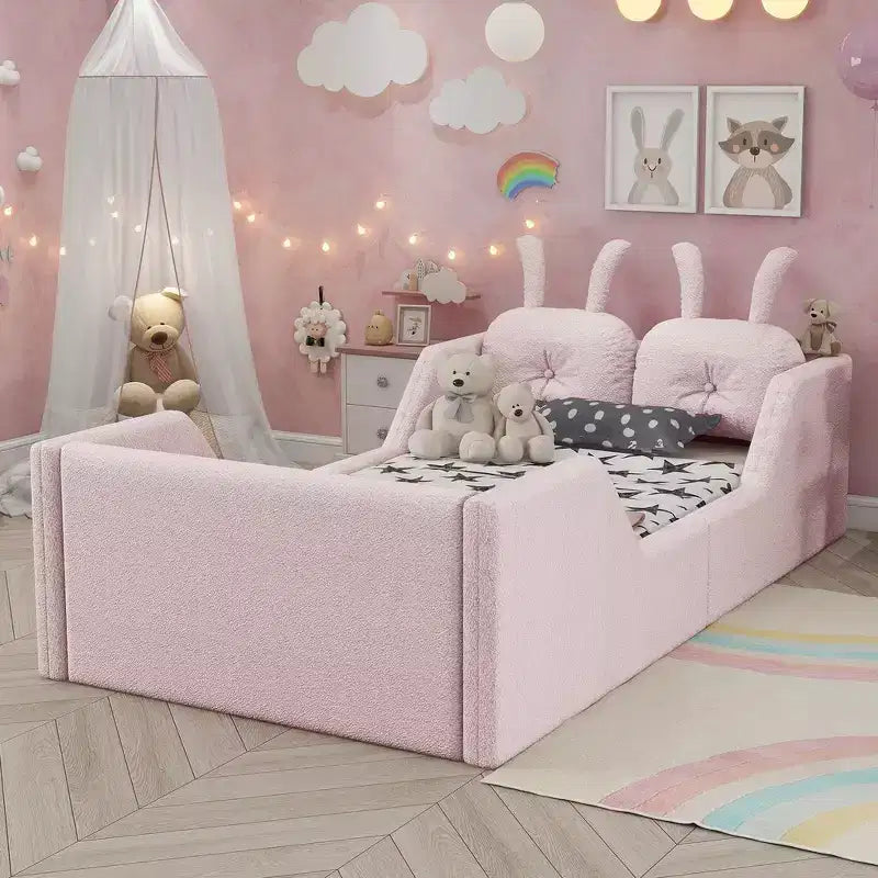 Whisen Twin - Letto a piattaforma, Letto imbottito da pavimento per bambini con cuscino a coniglio, Sponde laterali rimovibili