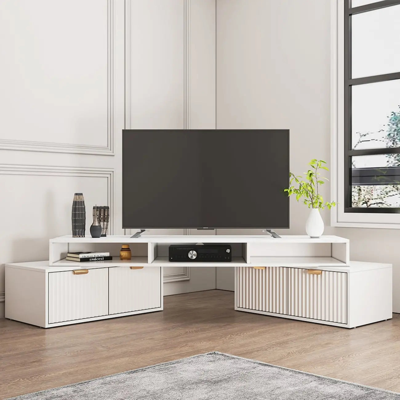 Mobile TV angolare con 2 cassetti e vani a giorno, bianco moderno