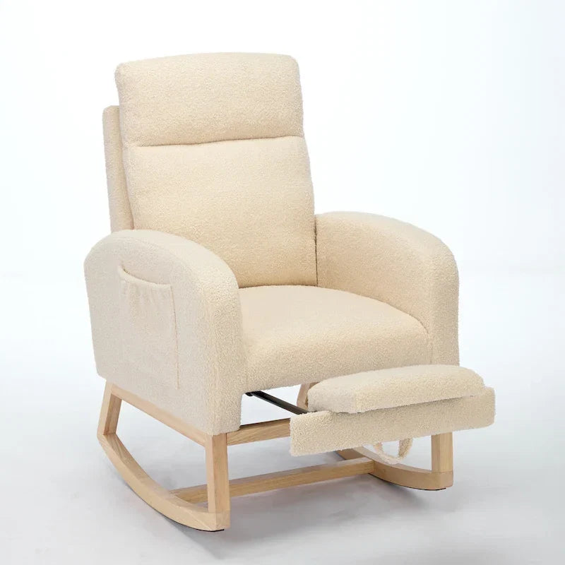 Poltrona a dondolo moderna con schienale alto da 75 cm, imbottita, con gambe in legno massello e poggiapiedi regolabile