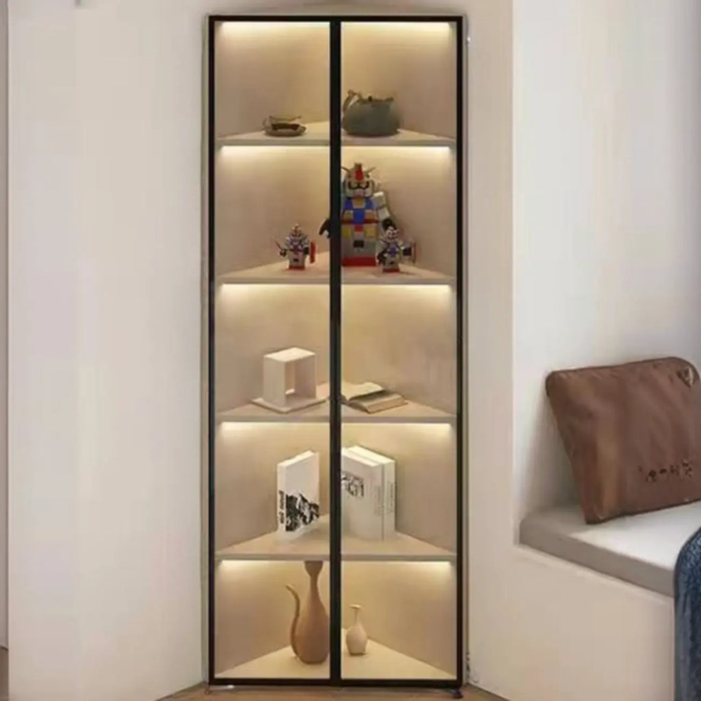 Vetrina ad angolo moderna in metallo grigio e legno con anta in vetro