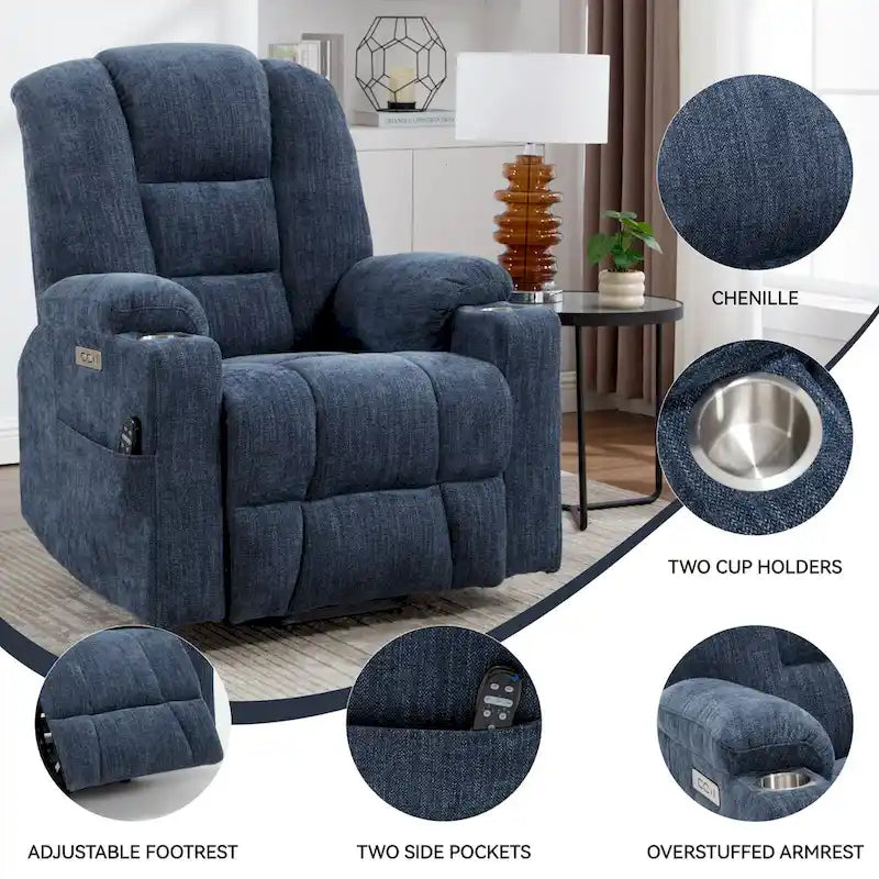 Poltrona Reclinabile Power Lift con Massaggio e Calore, Poltrone Reclinabili Larghe Imbottite Lazy Boy con USB, Porte Type C e 2 Portabicchieri in Acciaio