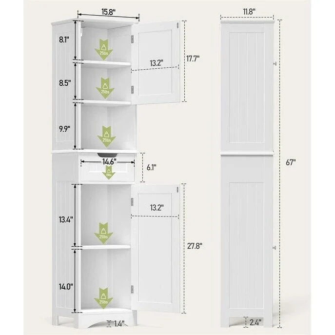 Mobile bagno alto 67 H, Armadietto portabiancheria stretto, Mobiletto contenitore con 2 ante e cassetto