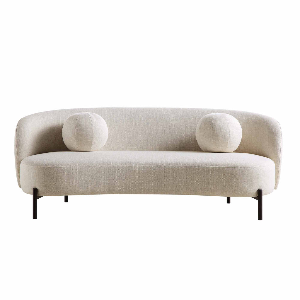 Divano curvo a 3 posti con cuscini a sfera, misto lino beige