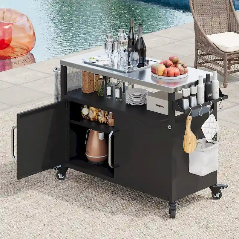 Isola da cucina per esterni con piano in acciaio inossidabile, carrello per barbecue in metallo con armadio di stoccaggio - N/A