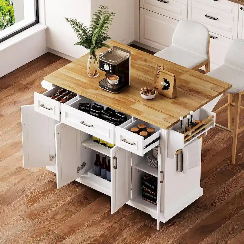 Grande isola da cucina con ribalta in legno, carrello da cucina arrotolabile con texture in rilievo, ante e cassetti con contenitore per cucina, bianco