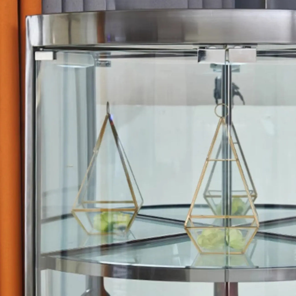 Mobile Bar Angolare con Scaffali Multipli in Vetro e Metallo per Esposizione