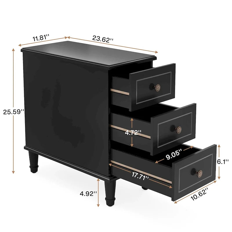 Tavolino stretto completamente assemblato, tavolino in legno massello con 3 cassetti, comodino sottile vintage per piccoli spazi